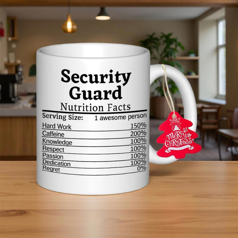 Tailorly White Ceramic 11 oz Mug - Security Guard Nutrition Facts Detailed Black Printed Chart Describing Professional Traits In Grid Style Mug