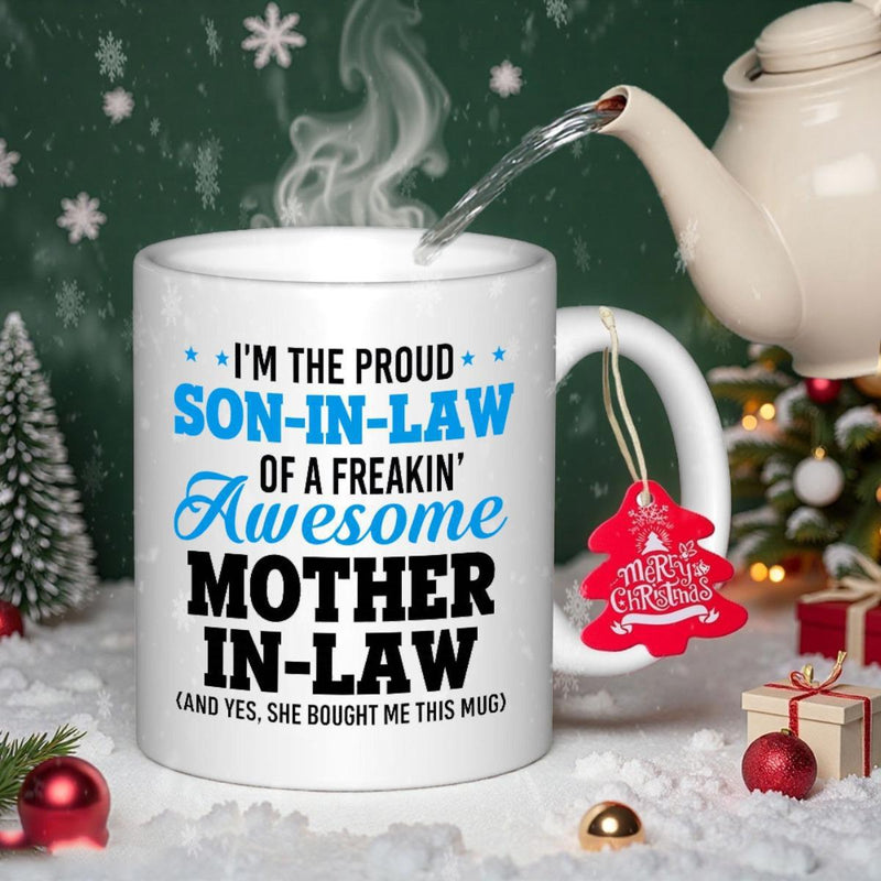 Tailorly White Ceramic 11 oz Mug - Im The Proud Son In Law Of A Freakin Awesome Mother In Law And Yes She Bought Me This Mug Festive Christmas Scene Featuring