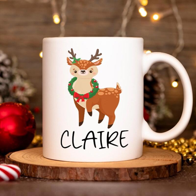 Tailorly White Ceramic 11 oz Mug - Claire Little Spotted Fawn With A Festive Green Christmas Wreath Deer