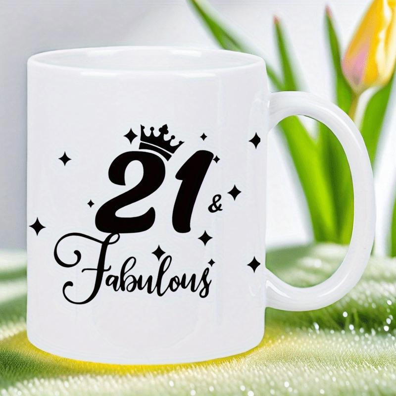 Tailorly White Ceramic 11 oz Mug - 21 Fabulous Sparkling Stars Surrounding Bold Script Text For Milestone Birthday Celebration Crown