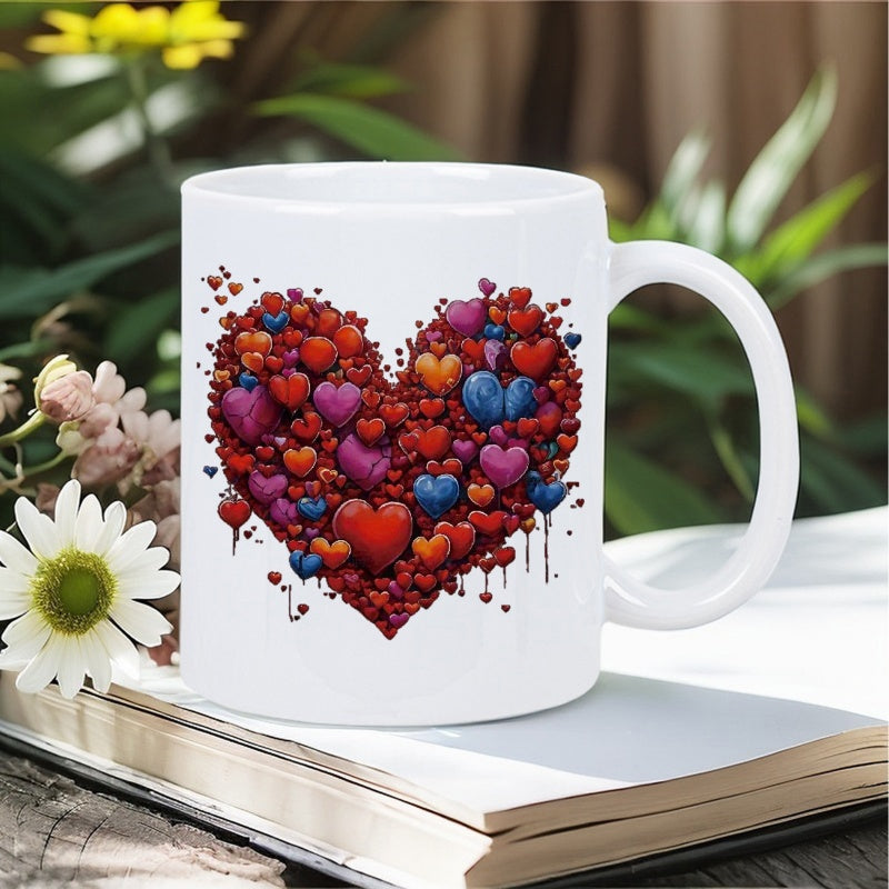 Tailorly White Ceramic 11 oz Mug - Colorful Vibrant Miniature Three Dimensional Elements Forming A Large Mosaic Heart