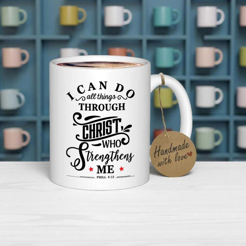 Tailorly White Ceramic 11 oz Mug - I Can Do All Things Through Christ Who Strengthens Me Phil 4 13 Inspirational Religious Quote With Decorative Swirls And Red