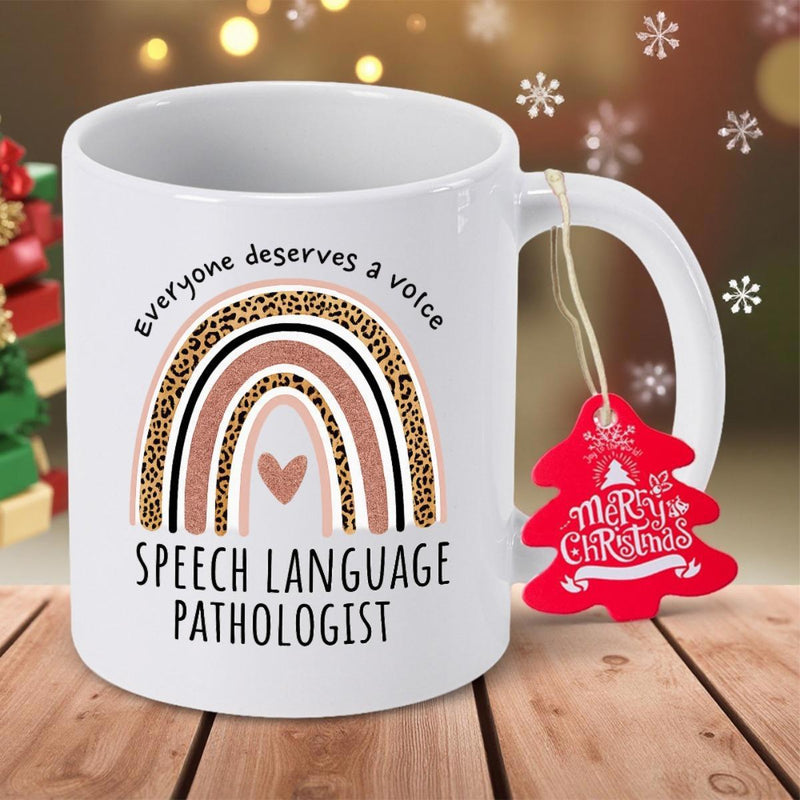 Tailorly White Ceramic 11 oz Mug - Everyone Deserves A Voice Speech Language Pathologist Minimalist Boho Style Pattern Featuring Leopard Print And Center Heart