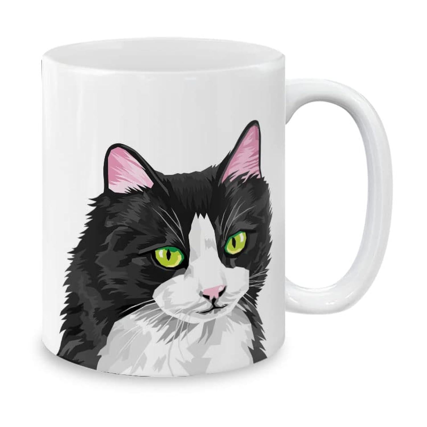 Tailorly White Ceramic 11 oz Mug - Staring Black And White Tuxedo Feline With Striking Green Eyes Cat