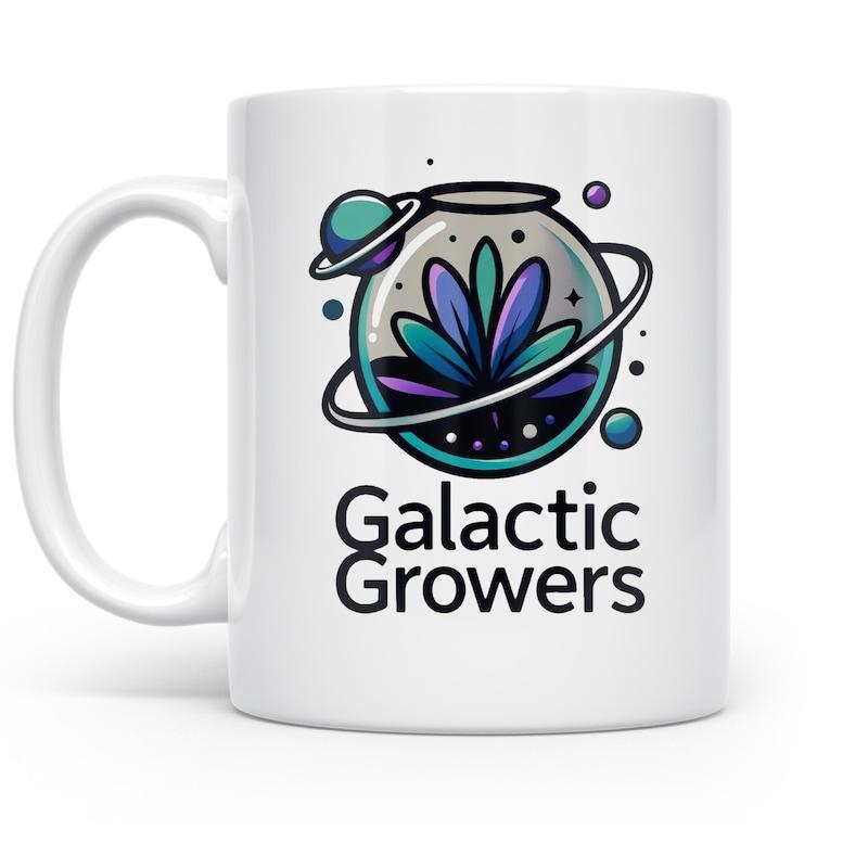 Tailorly White Ceramic 11 oz Mug - Galactic Growers Celestial Glass Orb Housing Colorful Plant Among Floating Spheres Mug