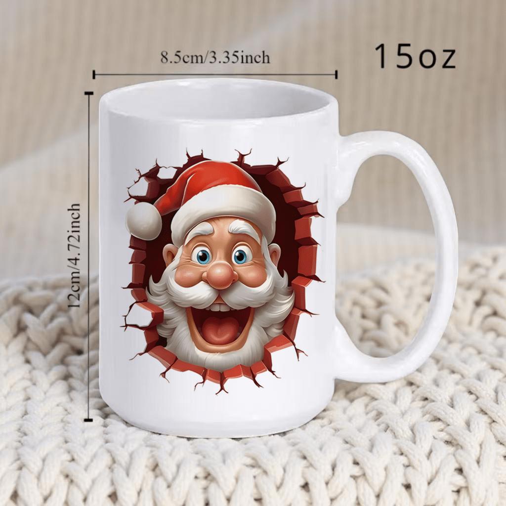 Tailorly White Ceramic 11 oz Mug - Jolly Festive Head Peeking Through Realistic Red Brick Cracked Wall Hole Santa Claus
