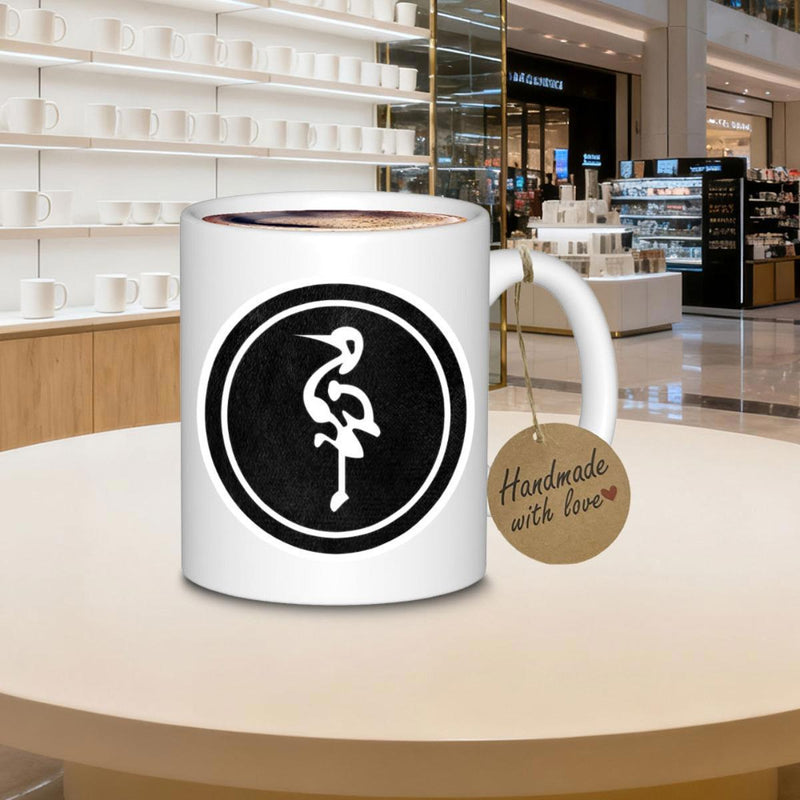Tailorly White Ceramic 11 oz Mug - Handmade With Love Minimalist Circular Badge Design Featuring A Stylized Artistic Standing Heron