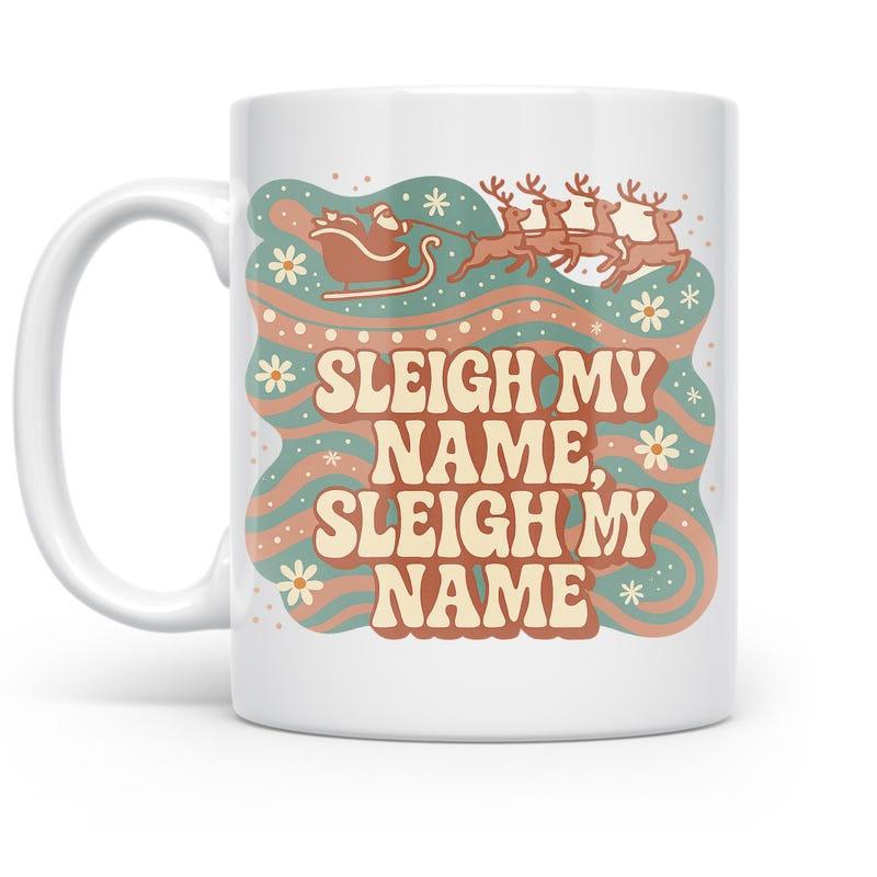 Tailorly White Ceramic 11 oz Mug - Sleigh My Name Sleigh My Name Festive Santa Claus Gliding Over Wavy Retro Snow Patterns Sleigh