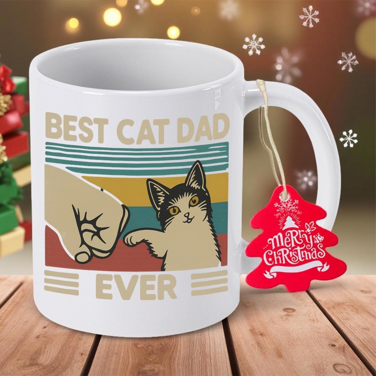 Tailorly White Ceramic 11 oz Mug - Best Cat Dad Ever Vintage Striped Sunset Background With Human Hand And Furry Kitten