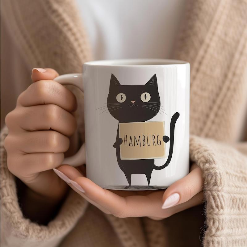Tailorly White Ceramic 11 oz Mug - Hamburg Minimalist Black Cartoon Silhouette Holding A Small Sign For Home Cat