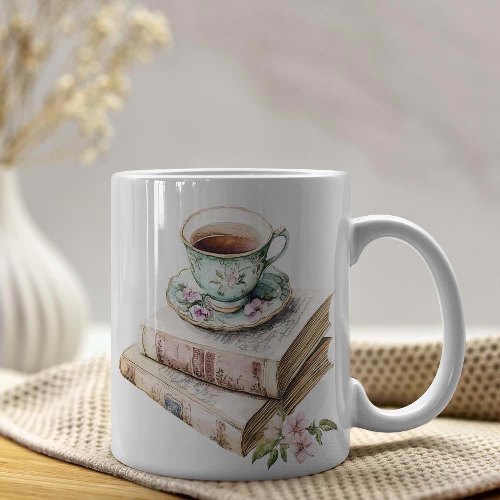 Tailorly White Ceramic 11 oz Mug - Elegant Watercolor Teacup Resting Upon A Stack Of Distressed Paper Books