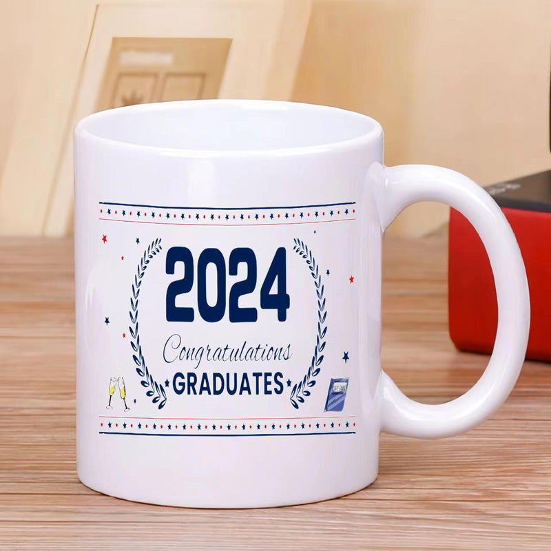 Tailorly White Ceramic 11 oz Mug - 2024 Congratulations Graduates Graduation Ceremony Celebration With Blue Laurel Wreath And Festive Dotted Borders Mug