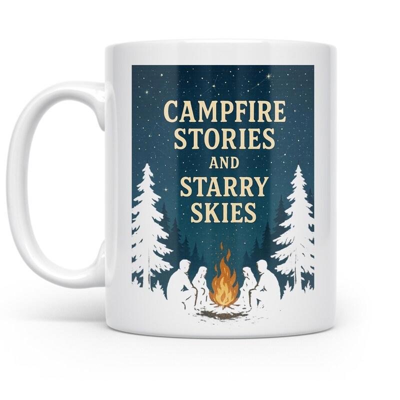 Tailorly White Ceramic 11 oz Mug - Campfire Stories And Starry Skies Serene Night Forest With People Gathering Around A Warm Glowing Campfire