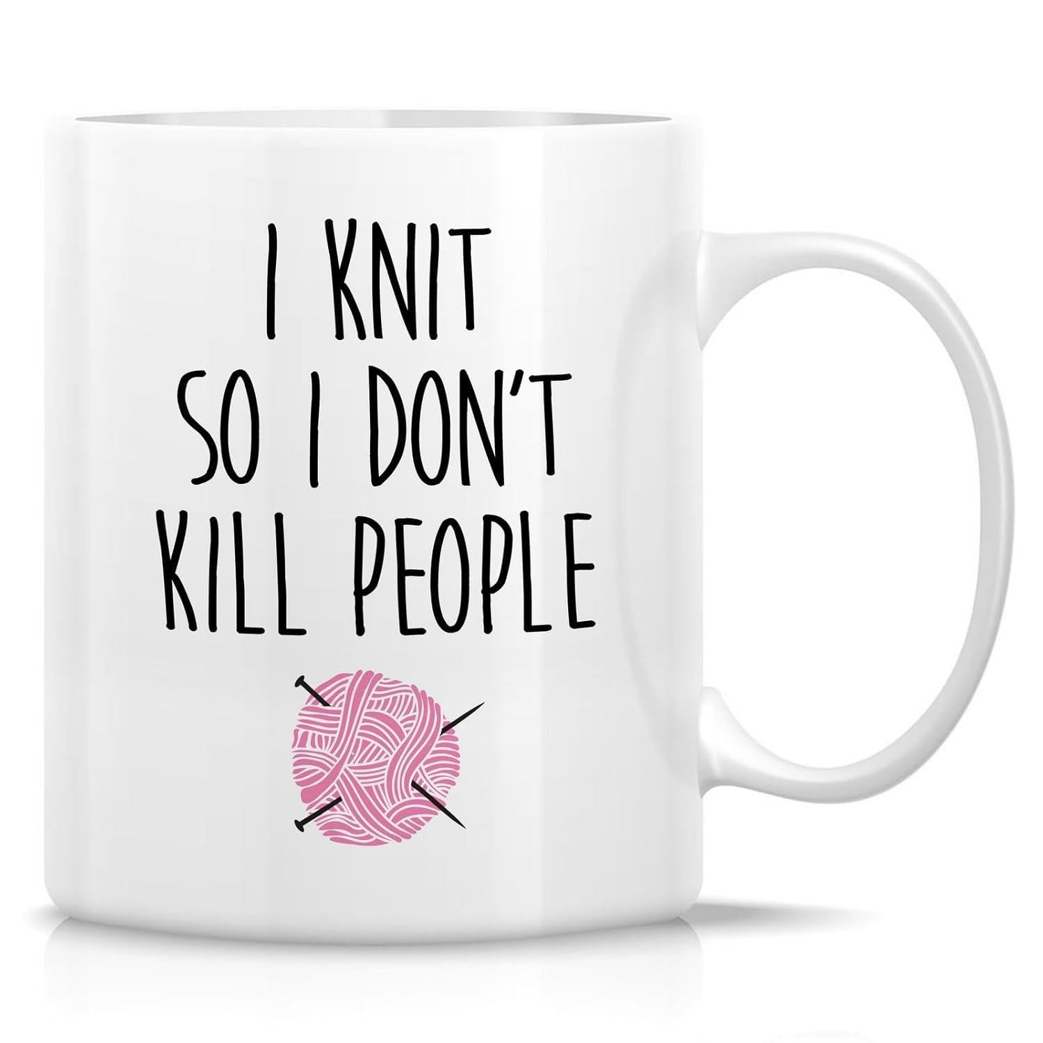 Tailorly White Ceramic 11 oz Mug - I Knit So I Don't Kill People Soft Pink Textured Yarn Ball With Two Black Crossing Knitting Needles Yarn