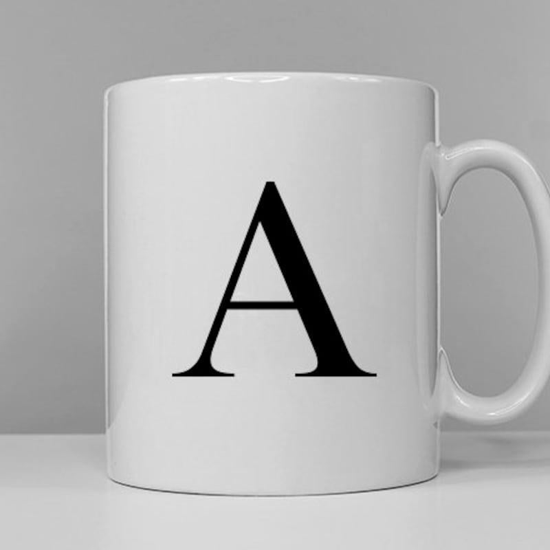 Tailorly White Ceramic 11 oz Mug - A Classic Minimalist Black Serif Alphabet Design On