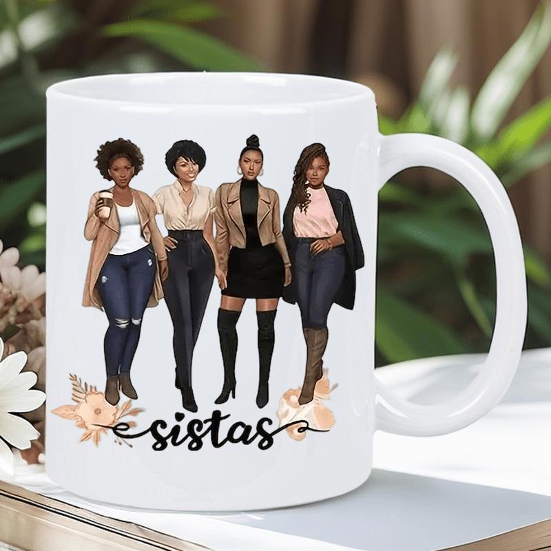 Tailorly White Ceramic 11 oz Mug - Sistas Elegant Fashionable Diverse Women Standing Together Under Soft Warm Natural Light Illustration