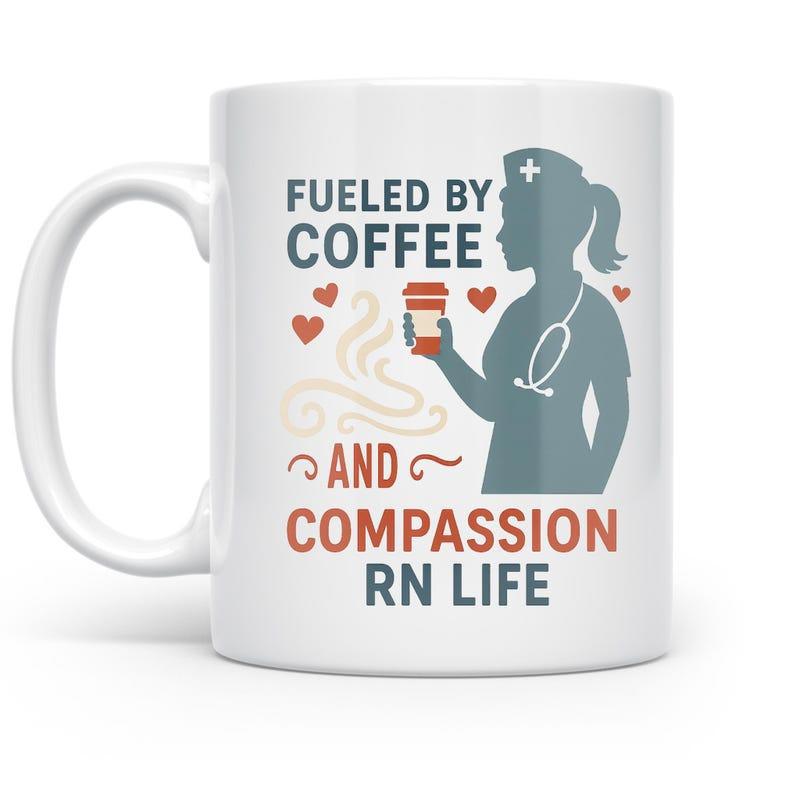 Tailorly White Ceramic 11 oz Mug - Fueled By Coffee And Compassion RN Life Silhouette Of A Caring Professional Holding Coffee Among Floating Red Heart Shapes Nurse