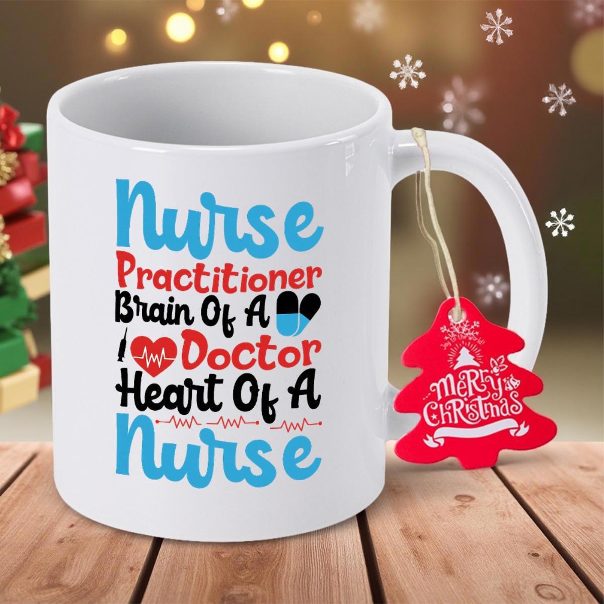 Tailorly White Ceramic 11 oz Mug - Nurse Practitioner Brain Of A Doctor Heart Of A Nurse Colorful Medical Typography Featuring Heartbeat Symbols On A