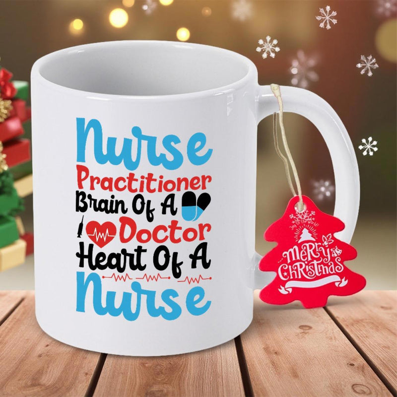 Tailorly White Ceramic 11 oz Mug - Nurse Practitioner Brain Of A Doctor Heart Of A Nurse Colorful Medical Typography Featuring Heartbeat Symbols On A