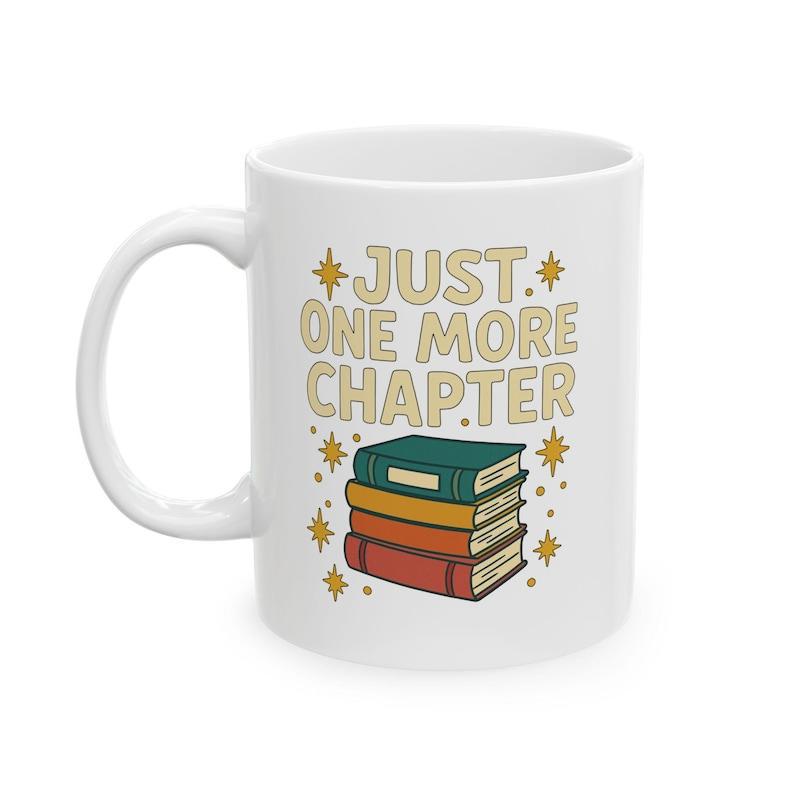 Tailorly White Ceramic 11 oz Mug - Just One More Chapter Retro Colorful Stack Of Hardcover Books With Shining Golden Sparkling Stars Book