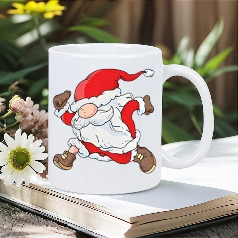Tailorly White Ceramic 11 oz Mug - Joyful Cartoon Running Figure With Large White Beard And Traditional Festive Hat Santa