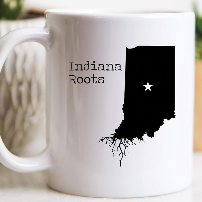 Tailorly White Ceramic 11 oz Mug - Indiana Roots Solid Black State Silhouette Featuring Intricate Growing Roots Mug