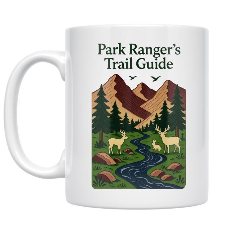 Tailorly White Ceramic 11 oz Mug - Park Ranger Trail Guide Majestic Brown Mountains With Evergreen Trees And Flowing Blue River Landscape