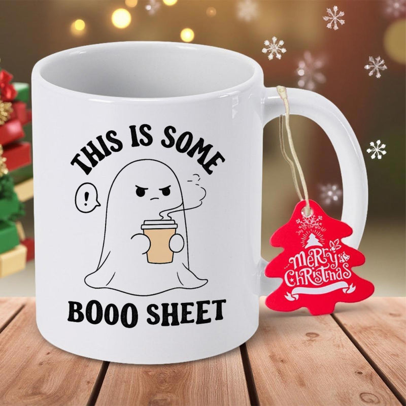 Tailorly White Ceramic 11 oz Mug - This Is Some Booo Sheet Grumpy Minimalist Cartoon Ghost Holding A Small Steaming Morning Hot Coffee Ghost