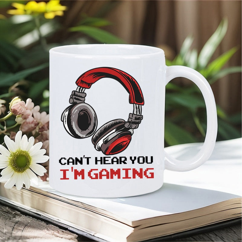 Tailorly White Ceramic 11 oz Mug - Cant Hear You Im Gaming Modern Red And Black Electronic Equipment For Professional Gaming Headphones