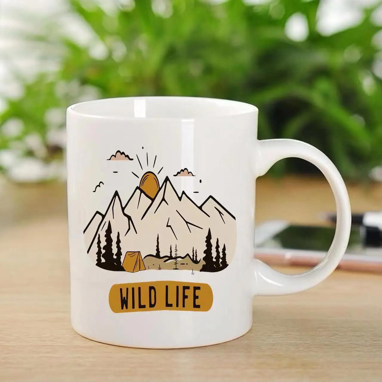 Tailorly White Ceramic 11 oz Mug - Wild Life Rugged Peaks Under Rising Sun With Trees And Tiny Tent Mountain