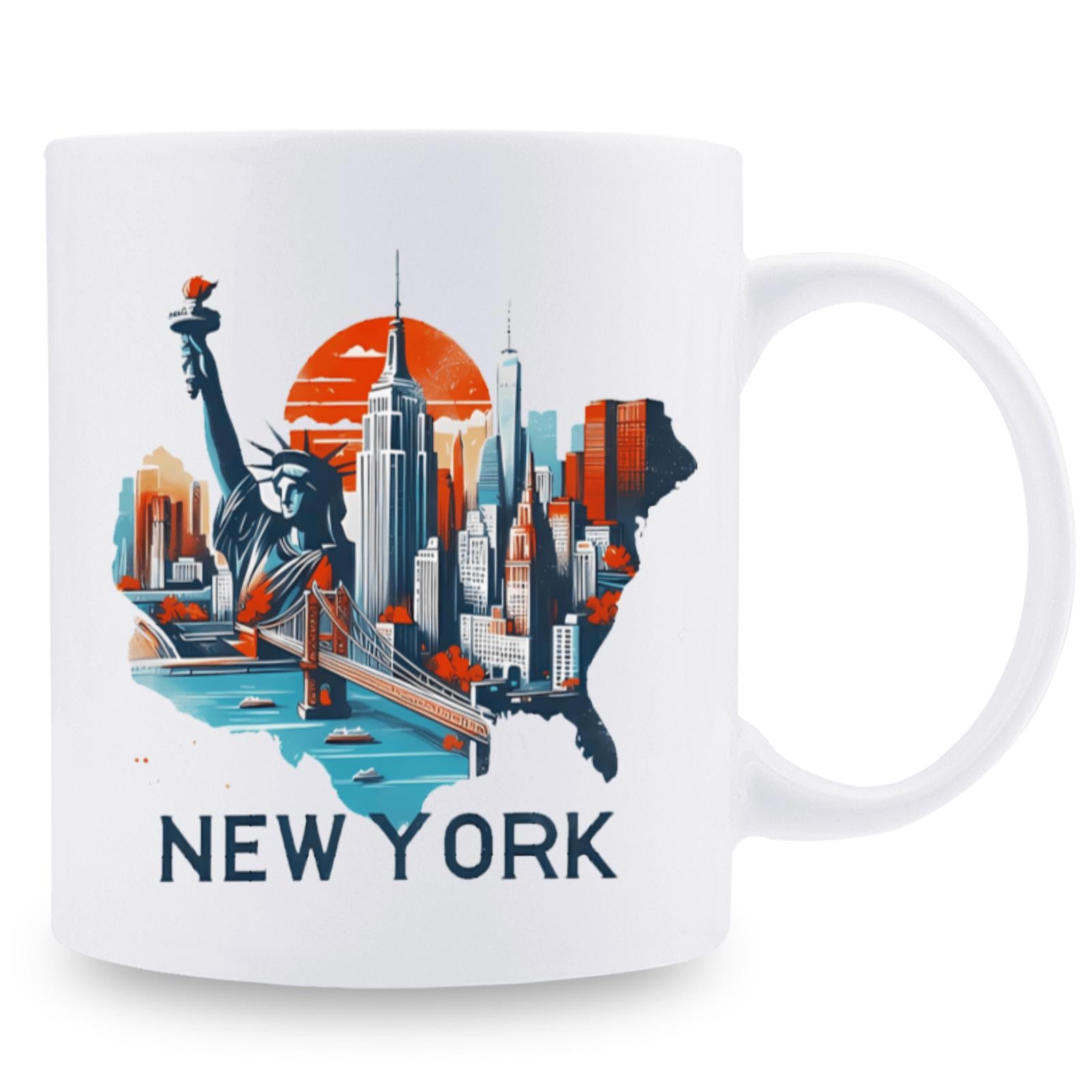 Tailorly White Ceramic 11 oz Mug - New York Artistic City Landmarks Within United States Map Silhouette Over Glimmering Harbor Skyline