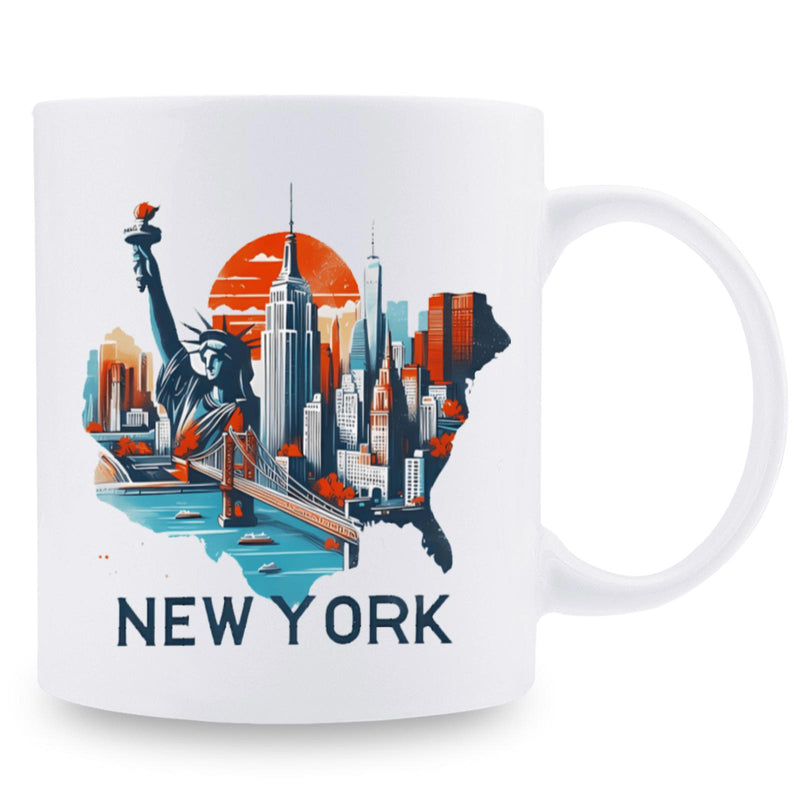 Tailorly White Ceramic 11 oz Mug - New York Artistic City Landmarks Within United States Map Silhouette Over Glimmering Harbor Skyline
