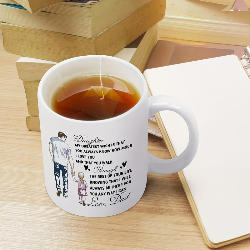 Tailorly White Ceramic 11 oz Mug - Daughter Love Dad Hand In Hand Walking Together Father And Child Illustration Silhouette