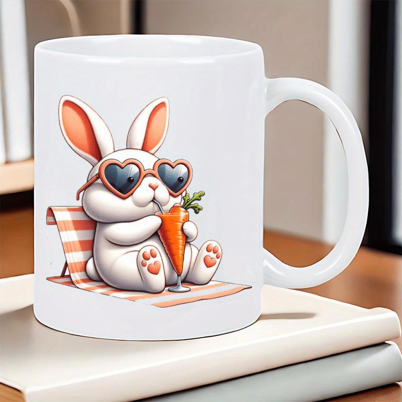 Tailorly White Ceramic 11 oz Mug - Cute White Rabbit With Heart Sunglasses Resting In Lounge Chair Rabbit