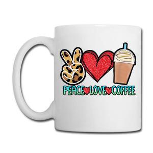 Tailorly White Ceramic 11 oz Mug - Peace Love Coffee Leopard Pattern Peace Sign Heart And Iced Coffee Drink Mug