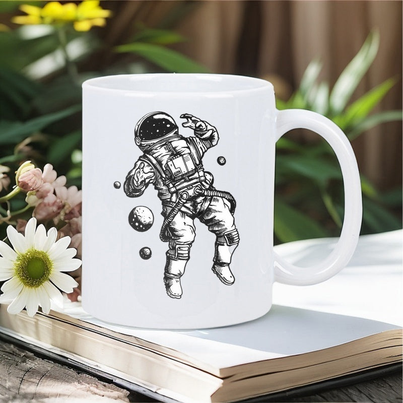 Tailorly White Ceramic 11 oz Mug - Detailed Monochrome Astronaut Floating Through Void Among Tiny Distant Celestial Planets Astronaut