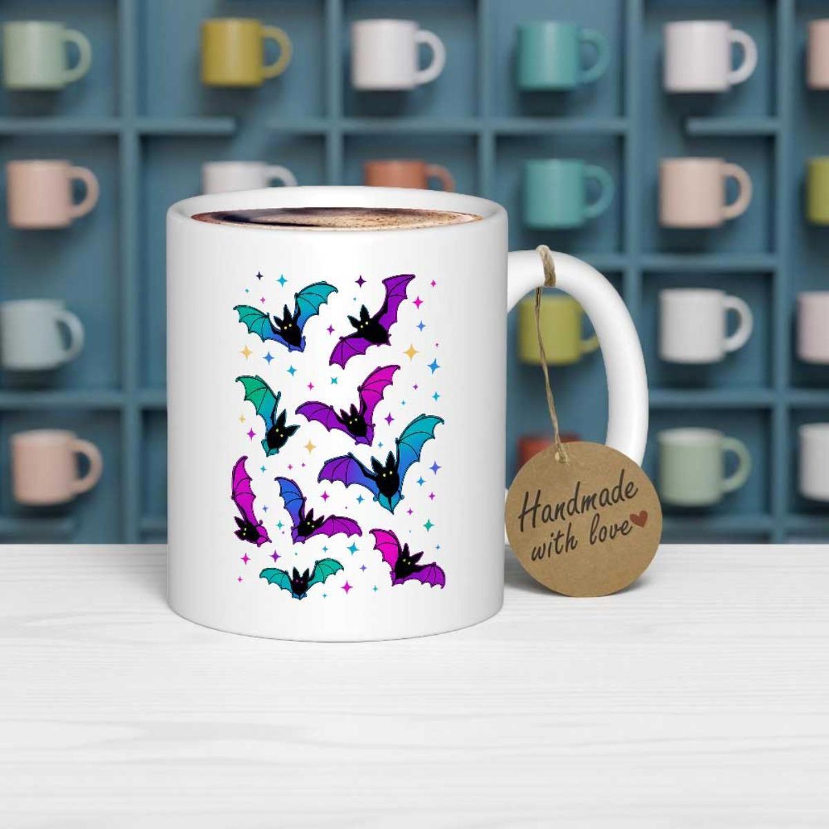 Tailorly White Ceramic 11 oz Mug - Handmade With Love Colorful Stylized Purple Teal Bats Flying Among Magic Twinkling Stars Bat