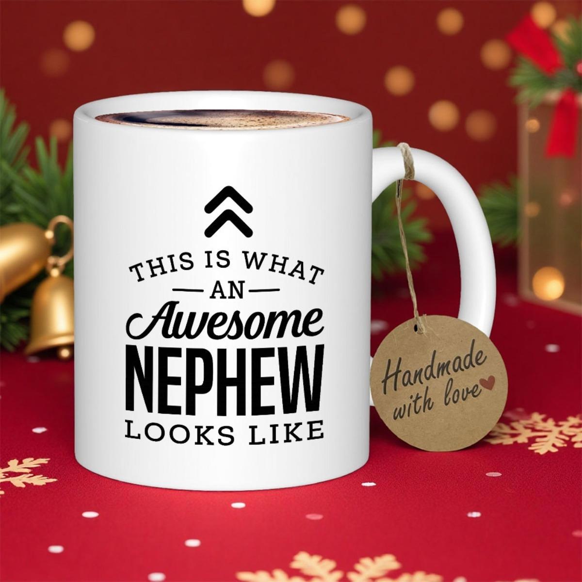 Tailorly White Ceramic 11 oz Mug - This Is What An Awesome Nephew Looks Like Glossy With Bold Typography Featuring Double Chevron Symbol Mug