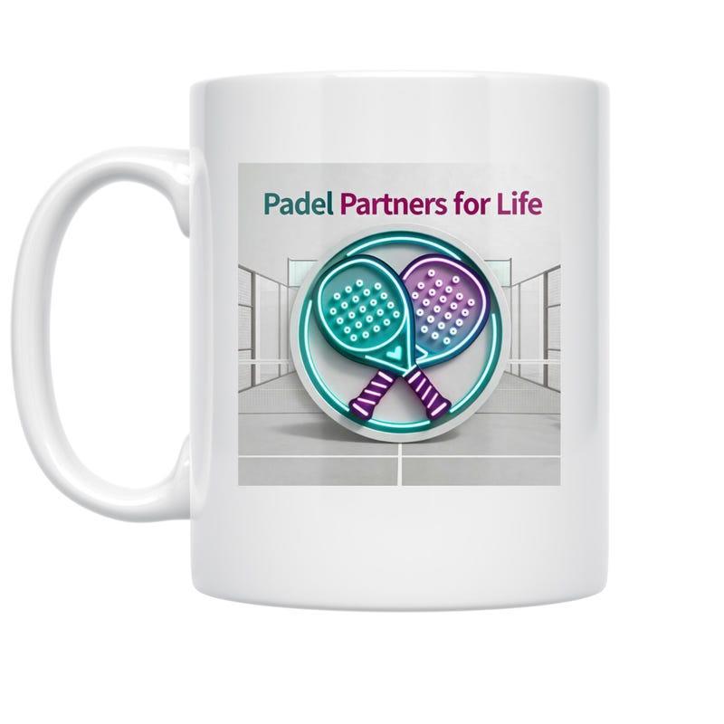 Tailorly White Ceramic 11 oz Mug - Padel Partners For Life Two Crossed Teal And Purple Padel Rackets Inside Circular Frame Racket
