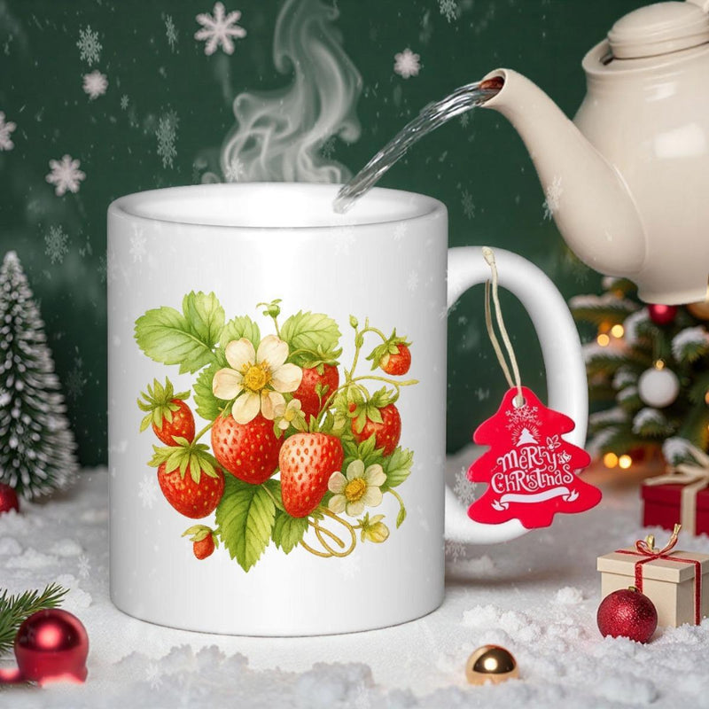 Tailorly White Ceramic 11 oz Mug - Merry Christmas Vibrant Ripening Red Growing Amidst Lush Green Leaves And White Flowers Strawberry