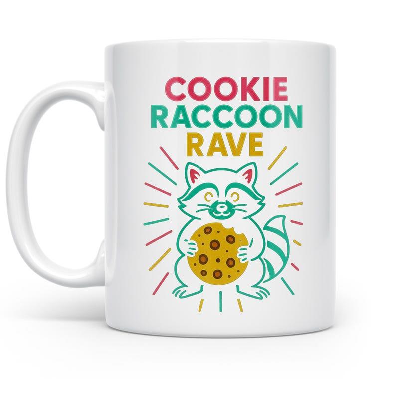Tailorly White Ceramic 11 oz Mug - Cookie Raccoon Rave Adorable Cartoon Character Holding A Large Chocolate Chip Cookie Raccoon