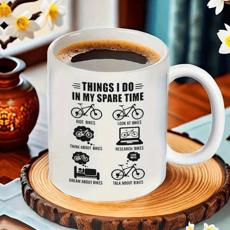 Tailorly White Ceramic 11 oz Mug - Things I Do In My Spare Time Minimalist Black Icons Showing Various Cycling Hobbies And Enthusiast Passions Bicycle