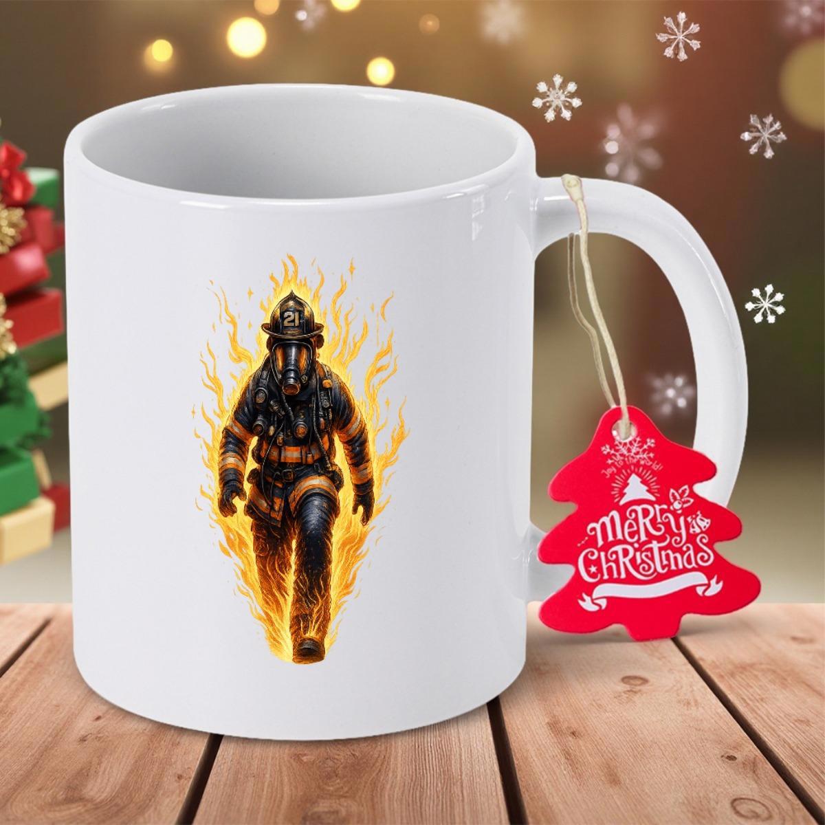 Tailorly White Ceramic 11 oz Mug - Brave Heroic Walking Through Intense Golden Glowing Flames Wearing Protective Gear Firefighter