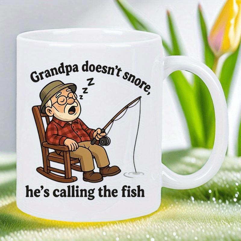 Tailorly White Ceramic 11 oz Mug - Grandpa Doesn't Snore He's Calling The Fish Elderly Man In Plaid Shirt Sleeping In Rocking Chair Holding Rod Fisherman