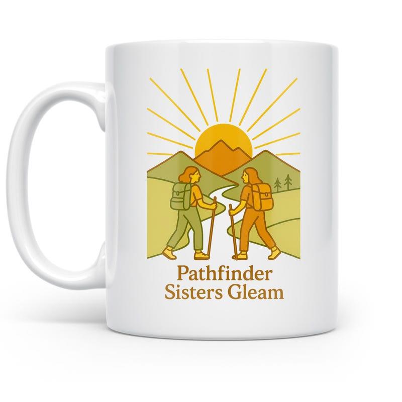 Tailorly White Ceramic 11 oz Mug - Pathfinder Sisters Gleam Two Adventurous Women Trekking Along Winding Path Between Rolling Green Mountains
