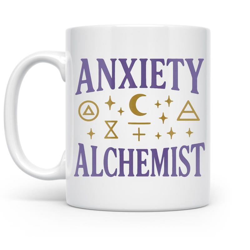 Tailorly White Ceramic 11 oz Mug - Anxiety Alchemist Mystic Symbols With Golden Moon And Sparkling Geometric Icons Mug