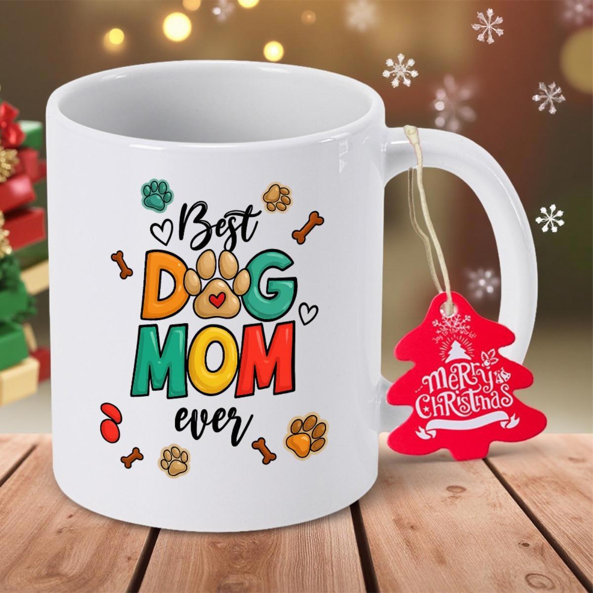 Tailorly White Ceramic 11 oz Mug - Best Dog Mom Ever Colorful Paw Prints Hearts And Little Bones Surrounded By Cute Patterns Paw