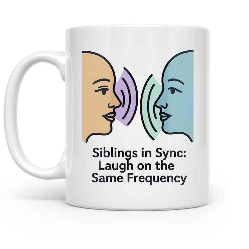 Tailorly White Ceramic 11 oz Mug - Siblings In Sync Laugh On The Same Frequency Minimalist Two Human Profiles Facing Each Other With Colorful Sound Waves Mug