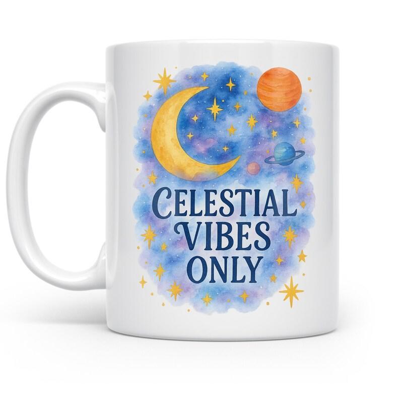 Tailorly White Ceramic 11 oz Mug - Celestial Vibes Only Glowing Yellow Crescent Moon Among Twinkling Stars And Colorful Watercolor Planets Universe