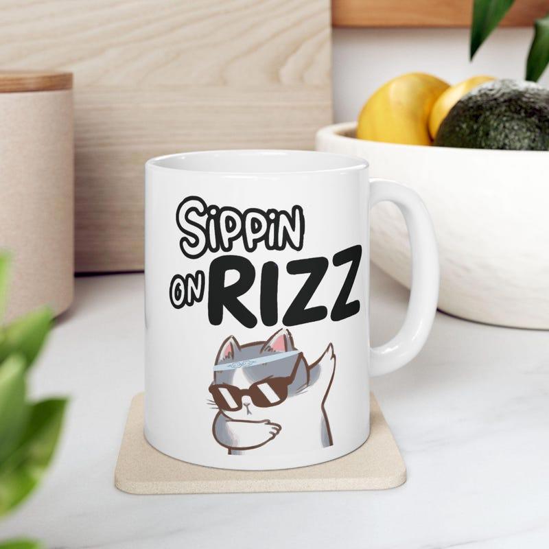 Tailorly White Ceramic 11 oz Mug - Sippin On Rizz Cool Cartoon Feline Wearing Black Sunglasses Performing Trendy Dabbing Pose Cat